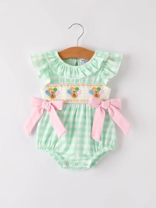 New Fall Thanksgiving Green Chicken Smock Embroidered Plaid Baby Girls Romper
